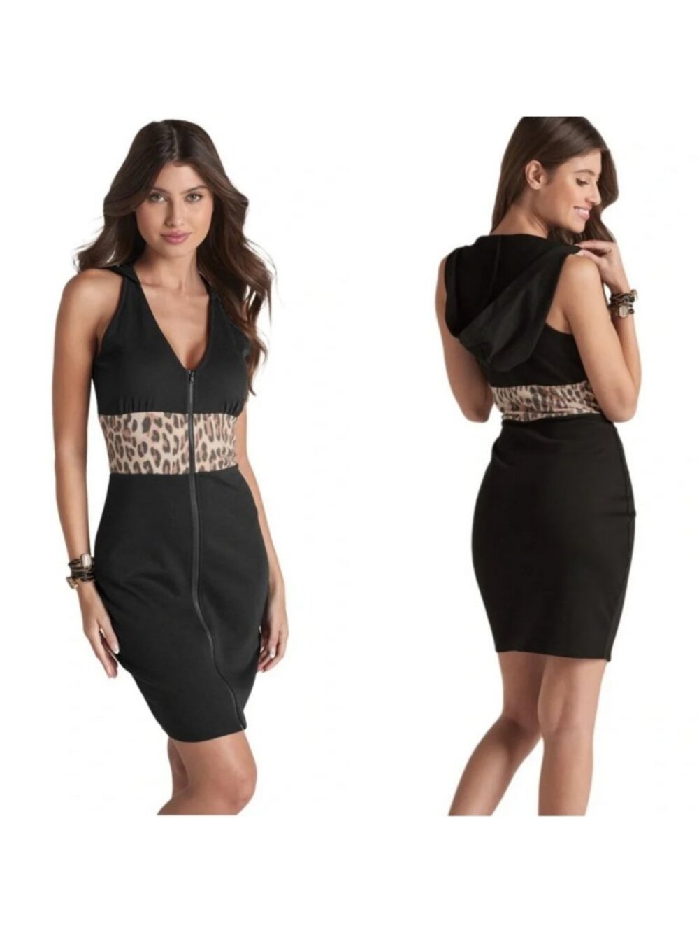 Y2K Style Venus Black Hooded Zip-Up Dress with Cheetah Waist Panel